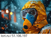 Scientist wearing hazmat suit and gas mask in snowing industrial area. Стоковое AI-изображение, AI-художник Иван Рябоконь / Фотобанк Лори
