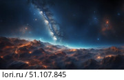 Stunning Cosmic Landscape filled with Galaxies, Glimmering Stars and Celestial Wonders. Стоковое AI-изображение, AI-художник Лариса Пономарева / Фотобанк Лори
