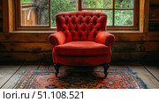 Cozy red tufted armchair in rustic log cabin living room with serene view of lush green nature through window. Стоковое AI-изображение, AI-художник Данила Большаков / Фотобанк Лори