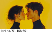 Vibrant artistic portrait of loving couple in profile, man and woman with dark hair tenderly facing each other against bright yellow background, conveying deep connection and intimacy. Стоковое AI-изображение, AI-художник Данила Большаков / Фотобанк Лори