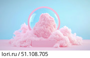 Whimsical 3D render of soft pastel pink clouds surrounding fluffy cotton candy mound within transparent glass dome with pink rim, set on minimalist podium against serene light blue background. Стоковое AI-изображение, AI-художник Данила Большаков / Фотобанк Лори