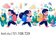 Three cheerful cartoon girls with backpacks walk through vibrant, whimsical garden, illustrating joyful journey of childhood and learning. Стоковое AI-изображение, AI-художник Данила Большаков / Фотобанк Лори