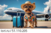 A small dog wearing a Hawaiian shirt. Стоковое AI-изображение, AI-художник Ярославский Максим / Фотобанк Лори