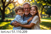 A man and two children are hugging each other in a park. Стоковое AI-изображение, AI-художник Ярославский Максим / Фотобанк Лори