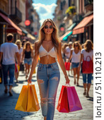 A woman is walking down a street with a group of people. Стоковое AI-изображение, AI-художник Ярославский Максим / Фотобанк Лори