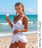 A woman is holding an ice cream cone on a beach. Стоковое AI-изображение, AI-художник Ярославский Максим / Фотобанк Лори