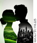 A man and woman kiss in a cityscape. Стоковое AI-изображение, AI-художник Ярославский Максим / Фотобанк Лори