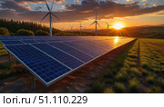 A solar panel farm with a sunset in the background. Стоковое AI-изображение, AI-художник Ярославский Максим / Фотобанк Лори