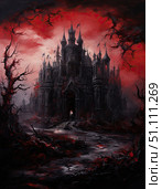 A Dark Gothic Castle set against a striking BloodRed Sky, full of mystery and gloom. Стоковое AI-изображение, AI-художник Anastasy Yarmolovich / Фотобанк Лори