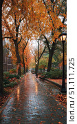 Rain-soaked brick path lined with autumn trees and vintage lampposts in a serene urban park, glowing with warm fall colors and soft evening light. Стоковое AI-изображение, AI-художник Катерина Бондарец / Фотобанк Лори