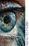 Eye With Binary Code Shows Technology Merging With Humanity in Detailed Close-Up. Стоковое AI-изображение, AI-художник Юлия Гапеенко / Фотобанк Лори