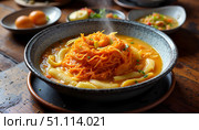 Traditional nest soup with vegetables in rustic wooden bowl. Стоковое AI-изображение, AI-художник DeFusum / Фотобанк Лори