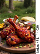 Spicy chicken drumsticks with herbs and sauces on wooden platter. Стоковое AI-изображение, AI-художник DeFusum / Фотобанк Лори