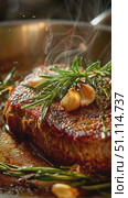 Close up of steak searing in stainless steel frying pan, fresh rosemary and thyme sprigs, whole garlic cloves. Стоковое AI-видео, аниматор Татьяна  Бральнина / Фотобанк Лори