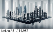 Businessman standing on giant chessboard among glass skyscraper pieces, this concept shows intense corporate warfare and strategic business competition. Стоковое AI-изображение, AI-художник Павел Муравьев / Фотобанк Лори