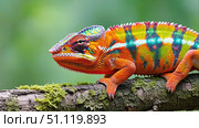 A bright chameleon with amazing multicolored skin sits on a moss branch. Its orange, yellow and green hues create a spectacular pattern against a background of blurred greenery. Стоковое AI-изображение, AI-художник Светлана  Громак / Фотобанк Лори