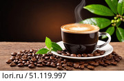 A cup of hot coffee with milk foam in the shape of a heart stands on a white saucer surrounded by coffee beans. A green leaf and blurred green leaves on a brown background. Стоковое AI-изображение, AI-художник Светлана  Громак / Фотобанк Лори