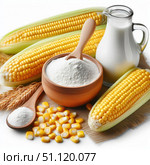 A still life with various corn products: two ears in husks, a bowl with grains, a bowl with starch and a can of milk, located on a burlap on a white background. Стоковое AI-изображение, AI-художник Светлана  Громак / Фотобанк Лори