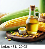 Corn cobs in a green husk, a glass bottle of golden butter and a small jar of butter are placed against the background of burlap. Grits and grains add a rustic style. Стоковое AI-изображение, AI-художник Светлана  Громак / Фотобанк Лори