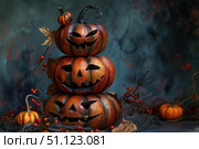 Three scary halloween pumpkins forming a tower on moody background. Стоковое AI-изображение, AI-художник Иван Рябоконь / Фотобанк Лори