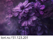 Purple clematis flowers blooming in a garden. Стоковое AI-изображение, AI-художник Иван Рябоконь / Фотобанк Лори