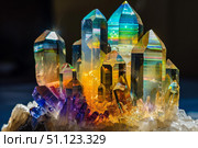 Colorful titanium aura quartz crystals showing prismatic colors. Стоковое AI-изображение, AI-художник Иван Рябоконь / Фотобанк Лори