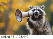 Raccoon shouting through megaphone in autumn forest. Стоковое AI-изображение, AI-художник Иван Рябоконь / Фотобанк Лори