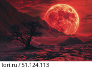 Red planet landscape with enormous moon and leafless tree rising in a desolate setting. Стоковое AI-изображение, AI-художник Иван Рябоконь / Фотобанк Лори