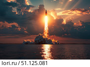 Rocket launching from the ocean during a beautiful sunset with clouds. Стоковое AI-изображение, AI-художник Иван Рябоконь / Фотобанк Лори