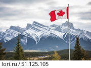 Canadian flag waving with majestic rocky mountains in background. Стоковое AI-изображение, AI-художник Иван Рябоконь / Фотобанк Лори