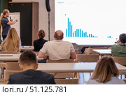 Professional seminar with attendees focused on large presentation screen with presenter. Стоковое фото, фотограф Антон Гвоздиков / Фотобанк Лори
