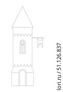 Rasterized copy coloring page Medieval castle tower with flag isolated on white background, cutout ready. Стоковая иллюстрация, иллюстратор Елена  Попкова / Фотобанк Лори