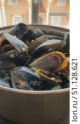 Steamed mussels in a pot with garlic butter sauce, perfect for seafood lovers and culinary themes. Стоковое видео, видеограф Анастасия Золотницкая / Фотобанк Лори