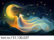 Волшебник на сказочном коне, лунная звездная зимняя ночь. Стоковое AI-изображение, AI-художник Щеголева Ольга / Фотобанк Лори