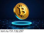 A Golden Bitcoin Coin Suspended Above a Bright Circular Base Surrounded by Network Connections Representing Digital Currency and Blockchain Technology. Стоковое AI-изображение, AI-художник Башкирова Анна / Фотобанк Лори
