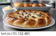 Delicious freshly baked dough with savory beef topping served with butter. Стоковое AI-изображение, AI-художник Katsiaryna Repich / Фотобанк Лори