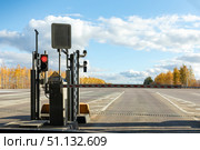 Checkpoint on the toll road. Payment area with transport. Bus and lorry truck on roadway. Point payment of travel on toll road. Стоковое фото, фотограф Ирина Михайличенко / Фотобанк Лори