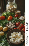 Ассорти из свежих овощей и трав на деревянном столе / Assorted fresh vegetables and herbs arranged on a wooden table. Стоковое AI-видео, аниматор DeFusum / Фотобанк Лори