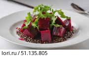 Colorful beetroot salad mixing lentils, arugula, resting on crisp white plate, representing healthy gourmet vegetarian cuisine. Стоковое AI-видео, аниматор Юрий Поздников / Фотобанк Лори