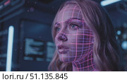 Face recognition grid scanning genetic researcher's profile, revealing biometric data points across advanced scientific workplace technology system. Стоковое AI-видео, аниматор Юрий Поздников / Фотобанк Лори