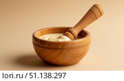 White Sauce Whisked in Wooden Bowl with Pestle AI-generated. Стоковое AI-изображение, AI-художник Анна Никонорова / Фотобанк Лори