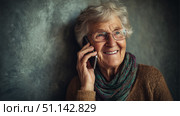 Пожилая женщина разговаривает по телефону. An elderly woman is talking on the phone. Стоковое AI-изображение, AI-художник Смирнова Светлана / Фотобанк Лори