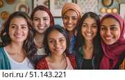 Six young women of varying backgrounds share smiles and laughter while enjoying time together indoors. Стоковое AI-видео, аниматор Данила Большаков / Фотобанк Лори