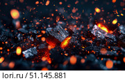 Vibrant close-up of intensely red-hot burning charcoal embers, radiating warmth and sending flurry of bright orange sparks into dark atmosphere. Стоковое AI-изображение, AI-художник Данила Большаков / Фотобанк Лори