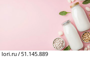 Two bottles of creamy plant-based milk, with wholesome ingredients like soybeans, almonds, and oats, artfully arranged on soft pink background, symbolizing healthy, vegan, and dairy-free living. Стоковое AI-изображение, AI-художник Данила Большаков / Фотобанк Лори