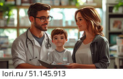 Compassionate male doctor in white coat with stethoscope consults mother and her young son, attentively reviewing medical information together in comforting clinic environment. Стоковое AI-изображение, AI-художник Данила Большаков / Фотобанк Лори