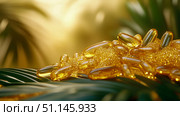 Luminous golden softgel capsules abundantly glistening on sparkling bed of glitter, elegantly presented amidst lush green foliage with soft, warm background glow, symbolizing natural health and radian. Стоковое AI-изображение, AI-художник Данила Большаков / Фотобанк Лори
