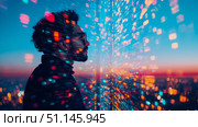 Visionary Man's Profile Immersed in Flowing Digital Data Streams and Vibrant Urban Sky, Symbolizing AI, Technology, and Future Innovation. Стоковое AI-изображение, AI-художник Данила Большаков / Фотобанк Лори