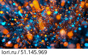 Abstract Digital Cityscape Illuminated by Vibrant Orange and Blue Glowing Lights, Representing Data Flow and Urban Connectivity in Smart City Network. Стоковое AI-изображение, AI-художник Данила Большаков / Фотобанк Лори