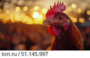 Stunning close-up of vibrant rooster with prominent red comb and wattles, set against dreamlike bokeh backdrop of warm, glowing golden lights. Стоковое AI-изображение, AI-художник Данила Большаков / Фотобанк Лори